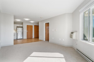 Bright, empty living area with a large window, gray walls, and wood floors transitioning to carpet; kitchen with fridge and white cabinets in the background.