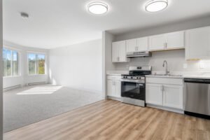 Bright, open-concept kitchen and living area with white cabinets and large windows letting in daylight, stainless steel appliances visible on the right.